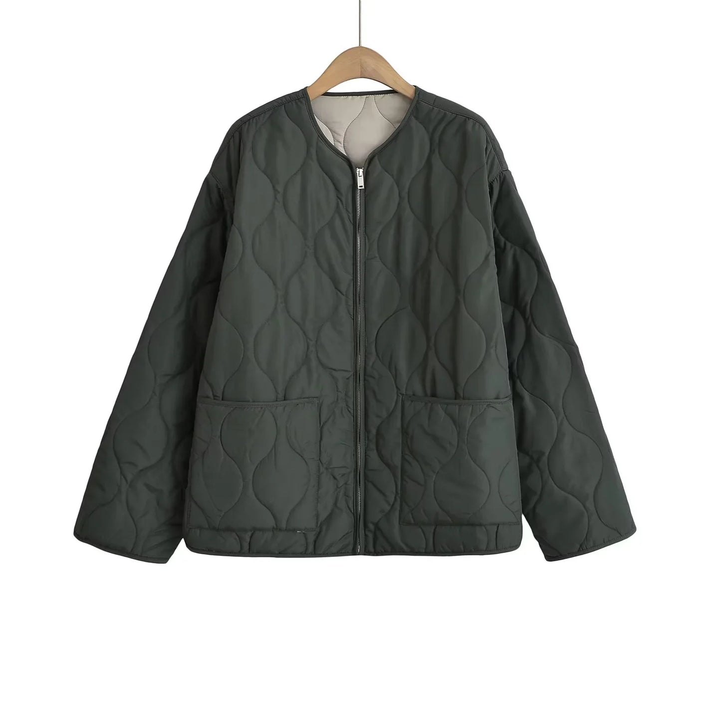 XNWMNZ 2024 Chaqueta acolchada de moda para mujer Otoño/Invierno Chaqueta acolchada retro con cuello redondo y manga larga con cremallera Abrigo acolchado versátil para mujer