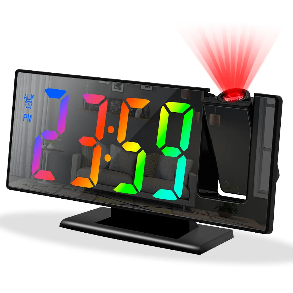 USB Powered Digital Alarm Clock 180° Arm Projection Alarm Clock Time Temperature Snooze Table Clock 12/24H Projector LED Clock
