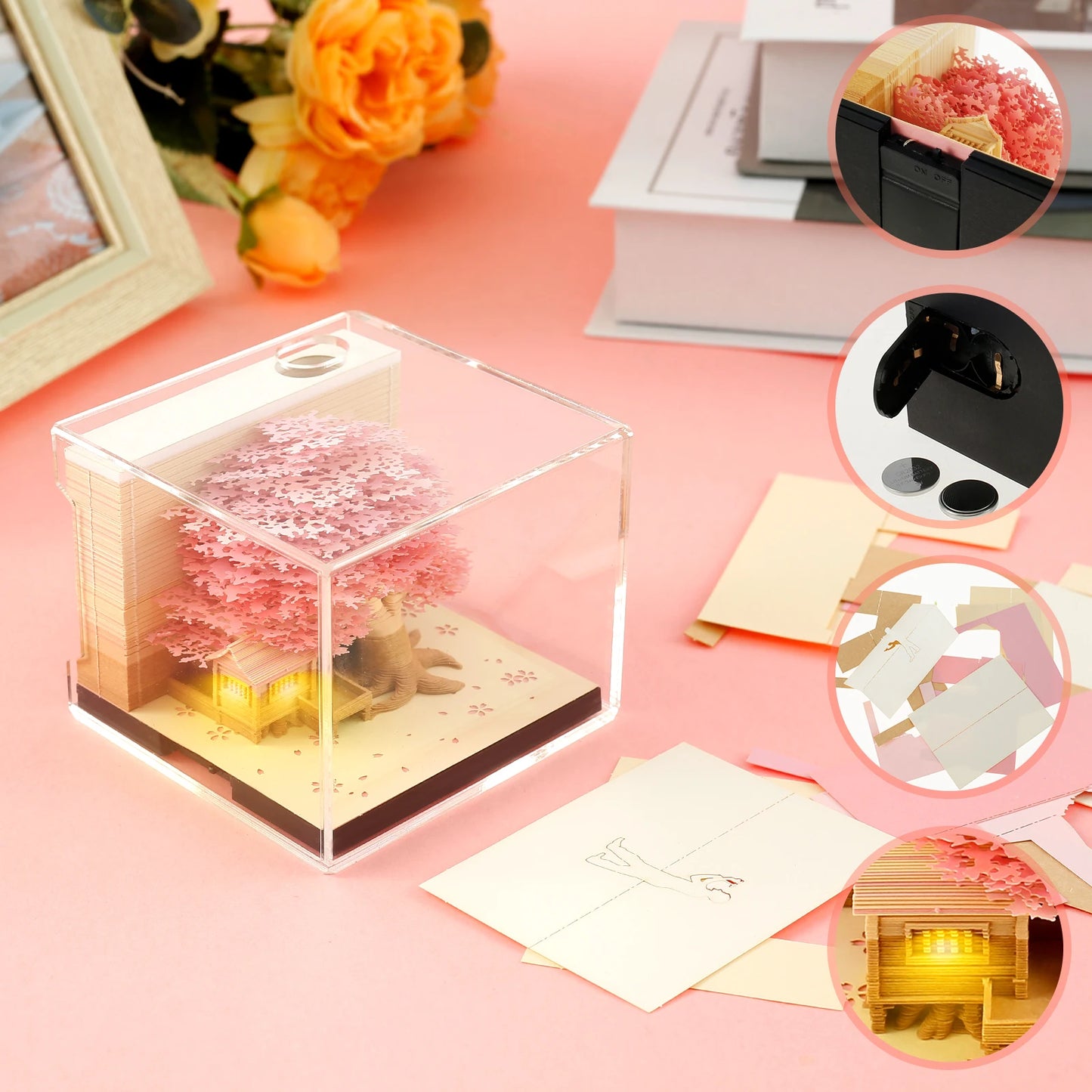 3D Memo Pad Paper Carving Notes 2024 Calendar Memo Pad with LED Light Tear-Away Paper Memo Pad Note Cards Birthday Gift Kids