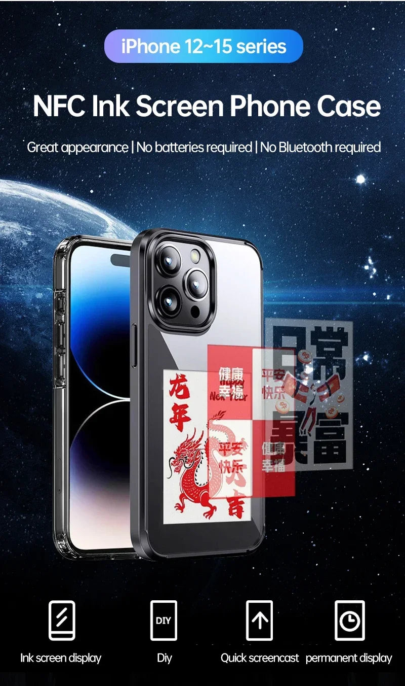 Smart NFC Phone Case For iPhone 15 13 14 Pro Max E-ink Screen Display Refresh Photos Via APP Anime Characters Couple Phone Cover