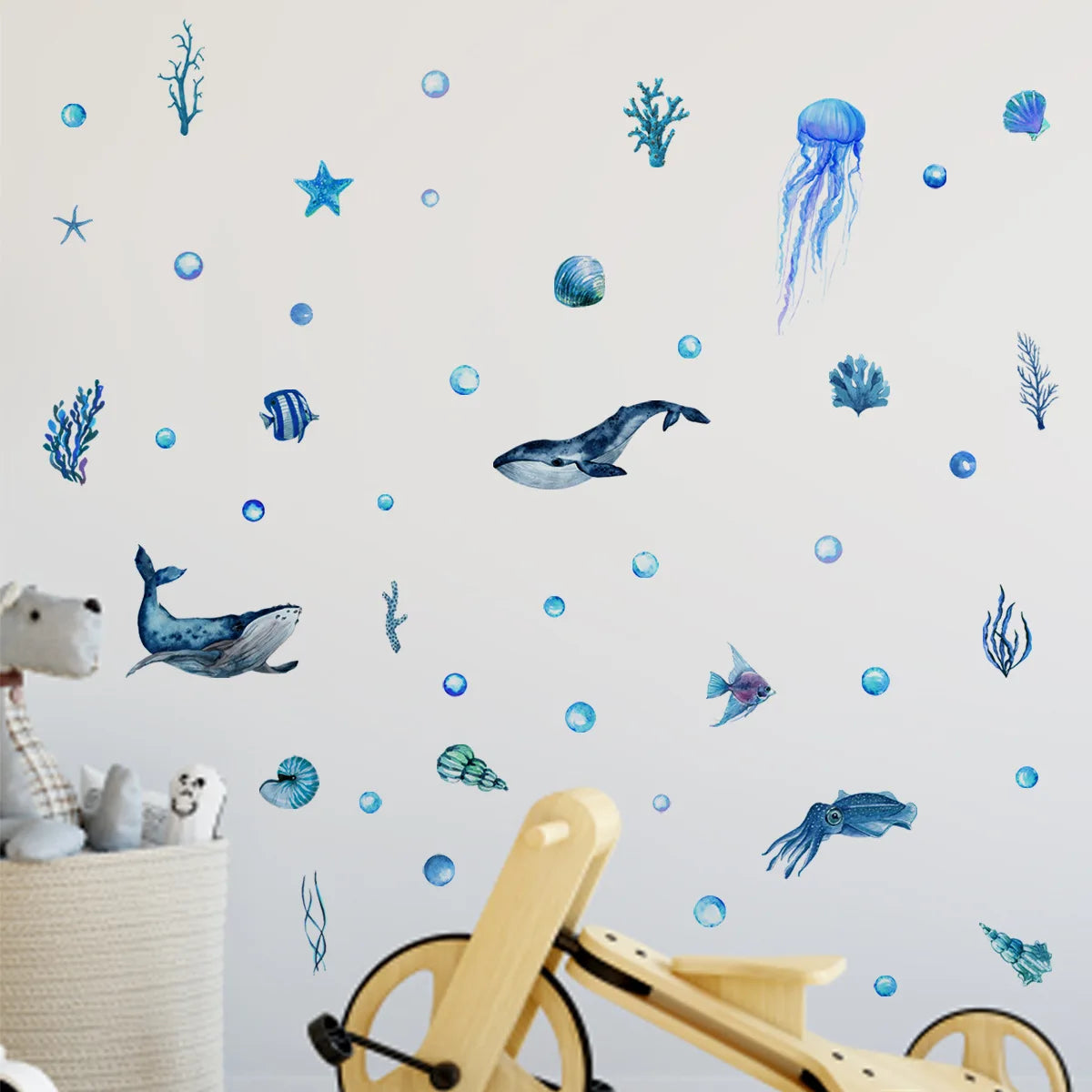 1 juego de pegatinas de pared luminosas de animales marinos azules autoadhesivas a prueba de fecha y desmontables para decoración de habitación de niños