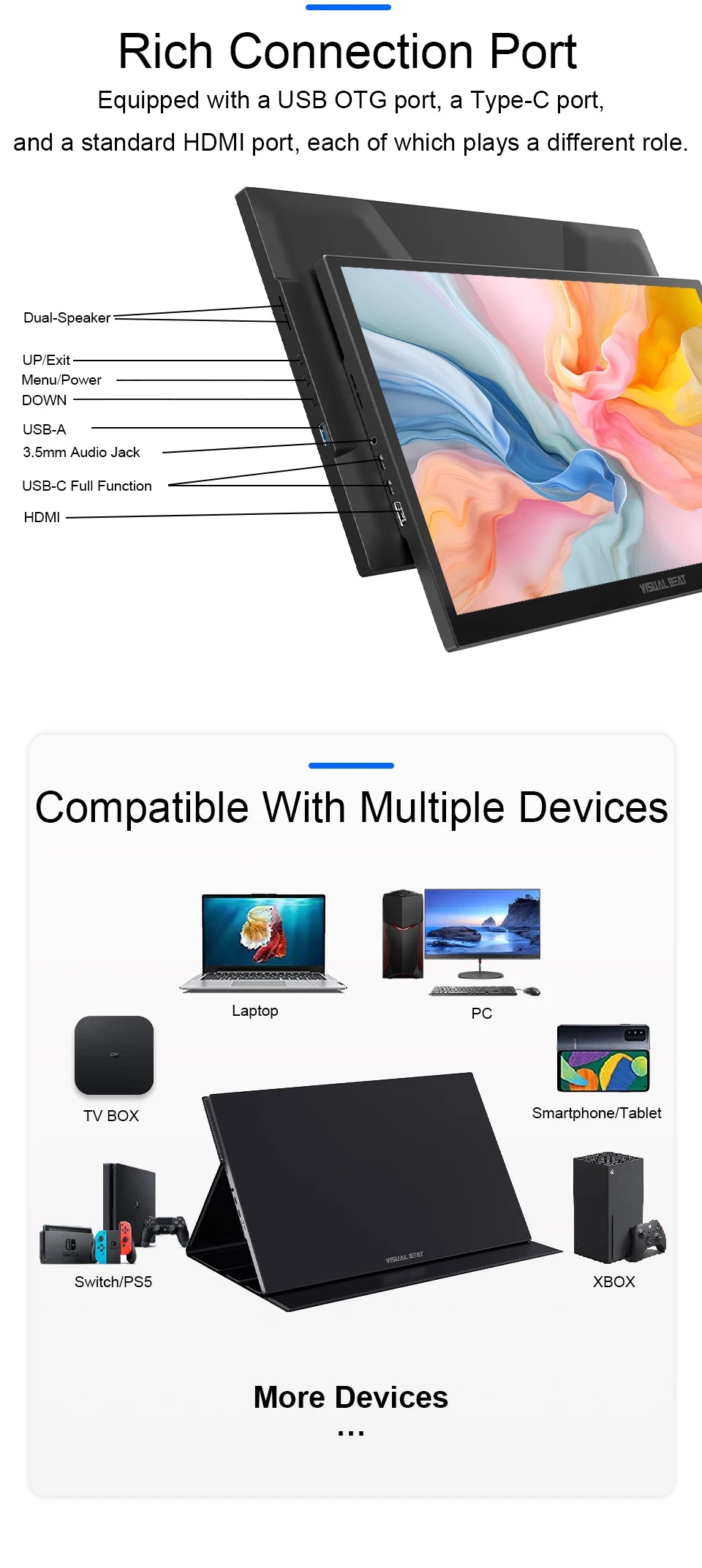 Visual Beat Portable Touch Screen Monitor 17.3'' 1080P FHD IPS USB-C Display with USB 2.0, HDMI, Dual Speakers for Laptop PC
