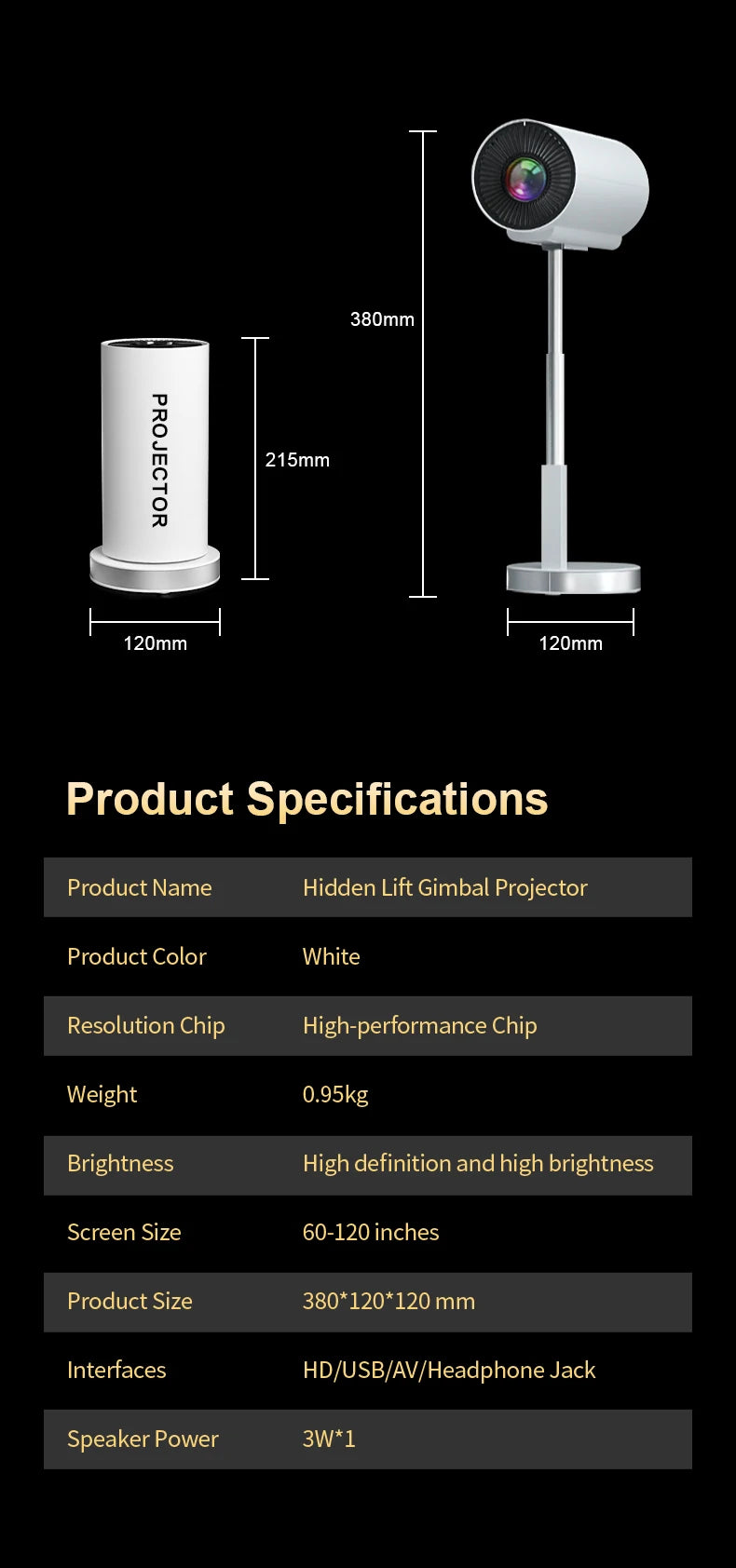 TS-3 Smart Projector 2.4G 5G WIFI With HIFI Speaker Hidden Lift Gimbal Home Theater