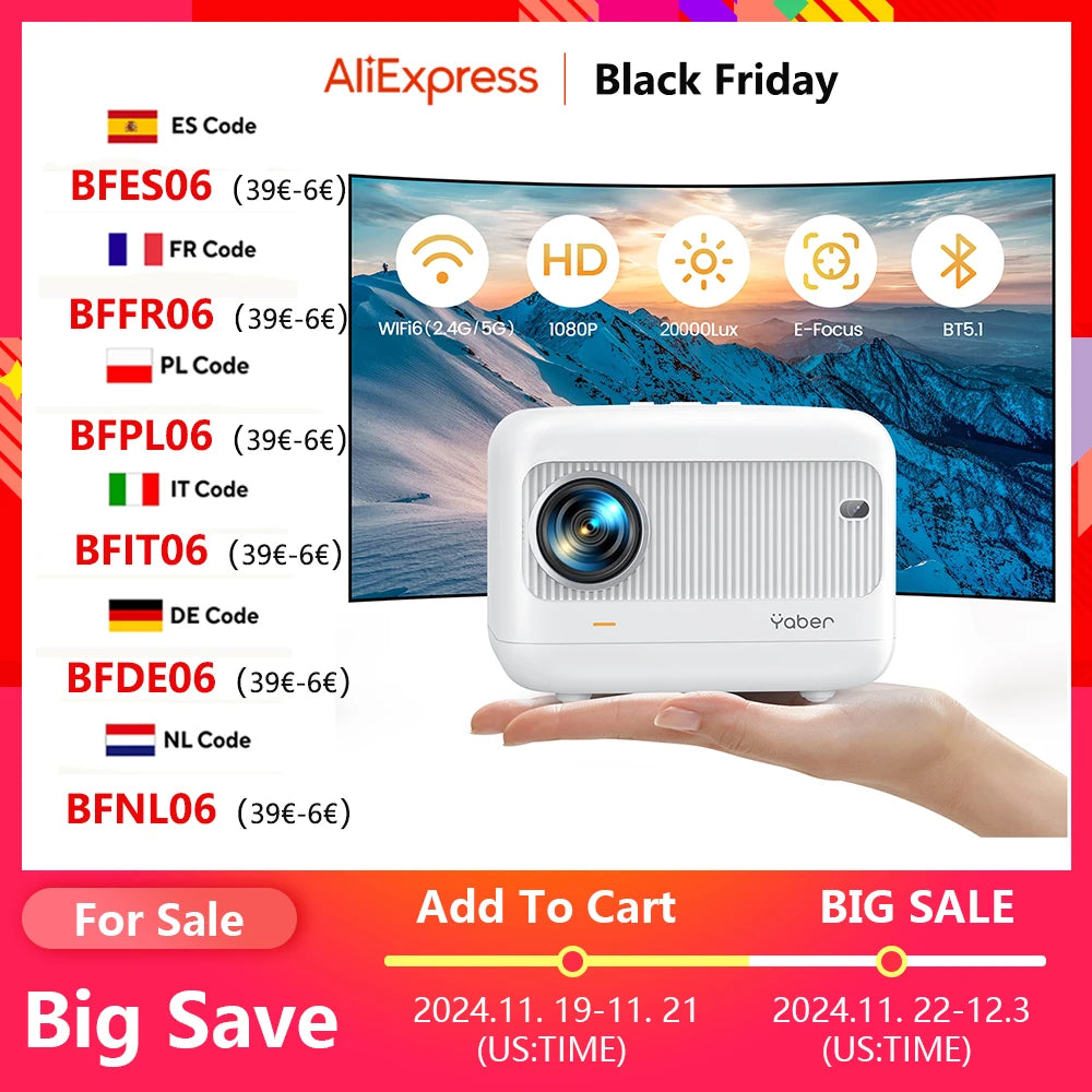 【Enfoque eléctrico】 Miniproyector Android, YABER L1 Proyector de video de 20000 lúmenes 5G WiFi Bluetooth, compatible con proyector portátil P
