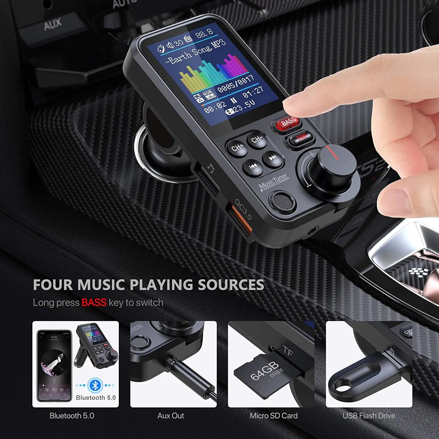 Transmetteur FM Bluetooth sans fil pour voiture de 1,8 pouces, prise en charge auxiliaire, chargement QC3.0, son aigu et grave, lecteur de musique