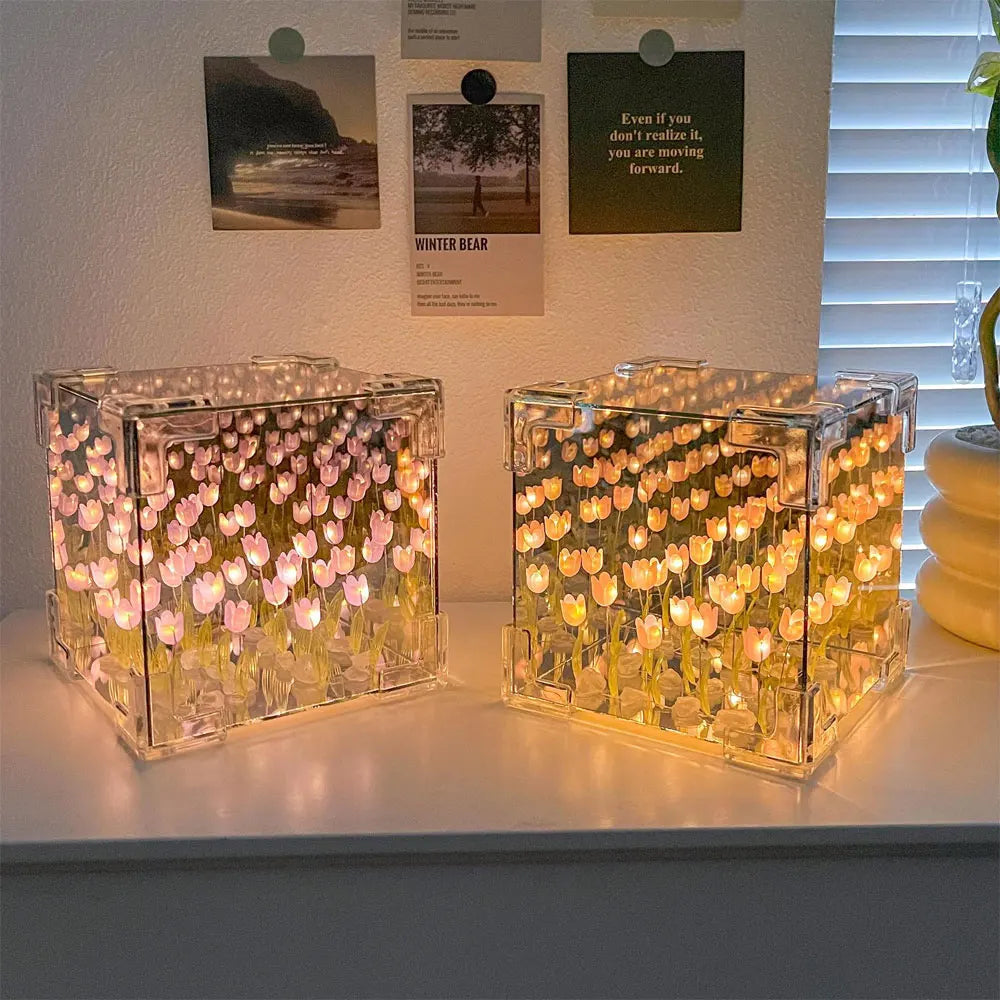 DIY Tulip Night Light Led Decorative Night Lamp Magic Cube Table Lamp and Mirror 2 in 1 for Birthday Gifts and Christmas Present