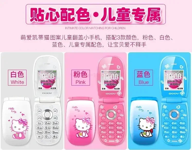 Sanrio Hello Kitty Flip Phone New Cartoon Cute Children White Pink Kawaii Mini Phone Children Birthday Gifts Fashion Model Toys