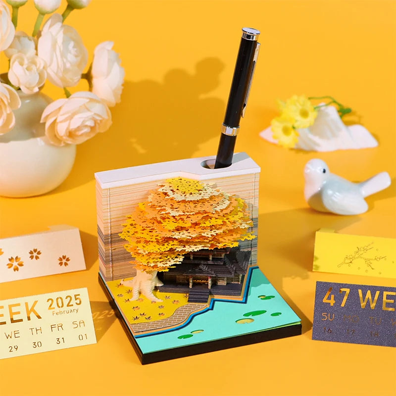 Tree Desk Calendar With LED Lights 2025 Calendar Memo Pad Creative Desk Calendar DIY Notes Notepad 3D Art Calendar Paper Carving