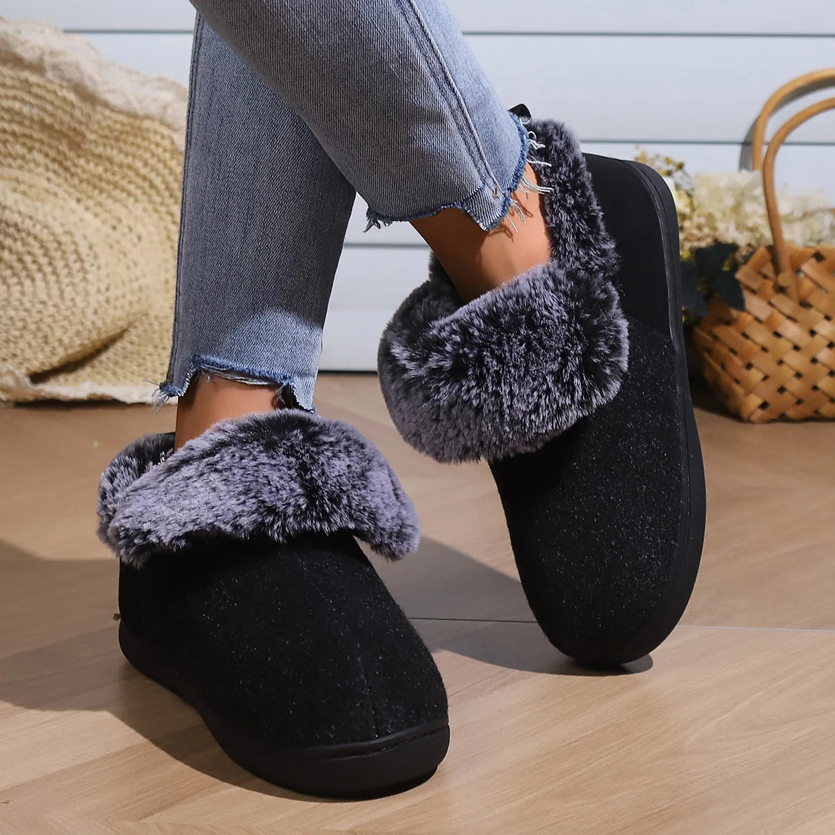 Bebealy Winter Plush Fur Women Slippers Fluffy Home Slippers Female Indoor Warm Closed Soft Non-slip High Ankle Fuzzy Slippers