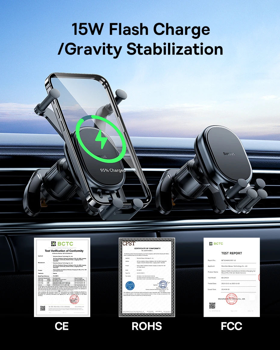 Soporte de teléfono para coche Baseus de 15 W, soporte de carga inalámbrica con ventilación de aire, soporte de teléfono por gravedad para iPhone 14, Samsung y Xiaomi