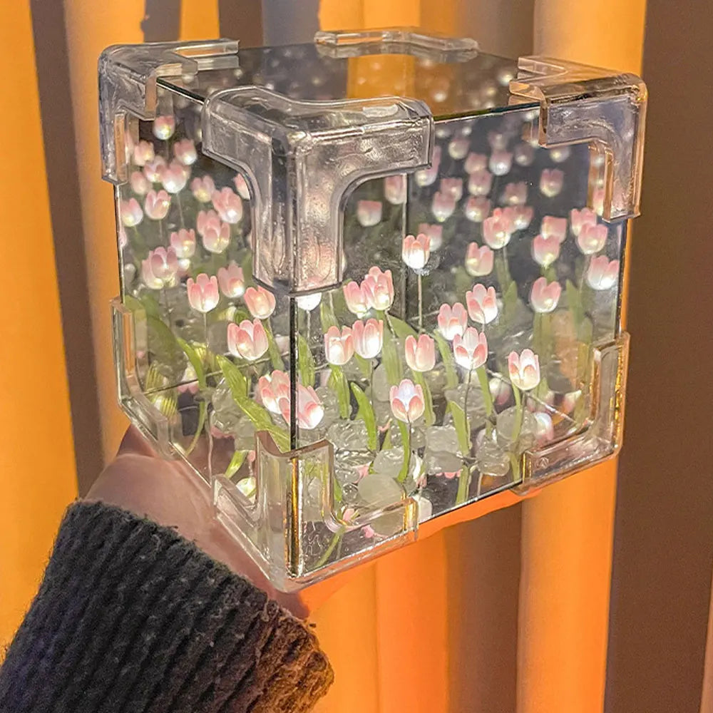 DIY Tulip Night Light Led Decorative Night Lamp Magic Cube Table Lamp and Mirror 2 in 1 for Birthday Gifts and Christmas Present