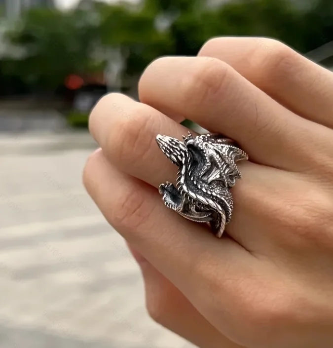 Retro Silver Color Winged Dragon Ring Symbolizes Power, Domineering and Adjustable Opening Ring, Jewelry Accessory Gift