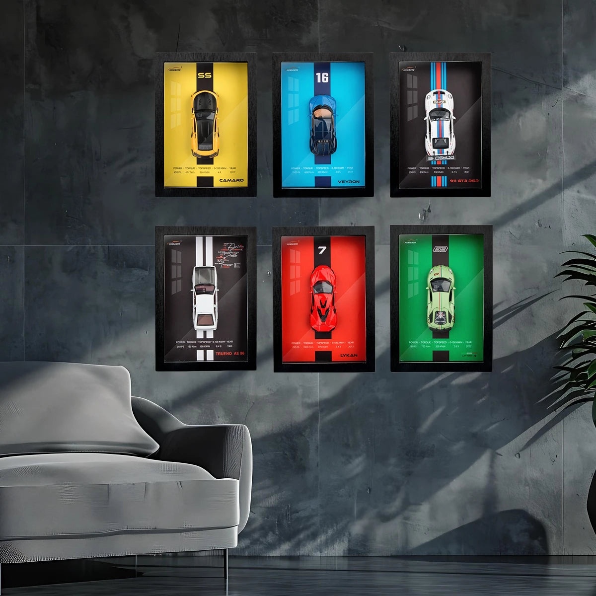 3D Wooden Photo Frame With 1/32 Diecast Metal Miniature Toy Car, 12 Inches Wall Decoration Suitable for Modern Style Living Room