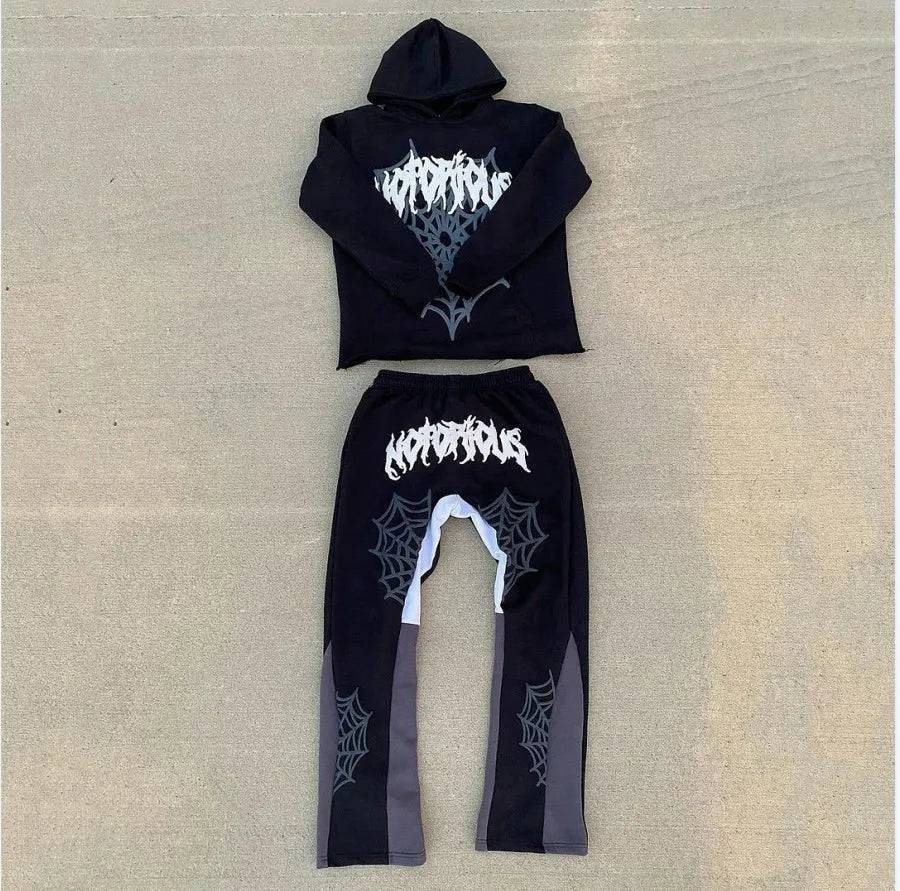 2024 American High Street Harajuku Spider web print Loose Hoodie Y2K Hip Hop Street Men Women's Casual Pullover Sweatpants goth