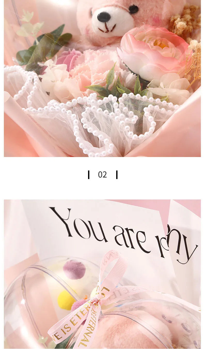 Artificial Rose Flower Bouquet Doll Bear Birthday Party Mother's Day Gift Wedding Bouquet Romantic Appointment Decor Accessories