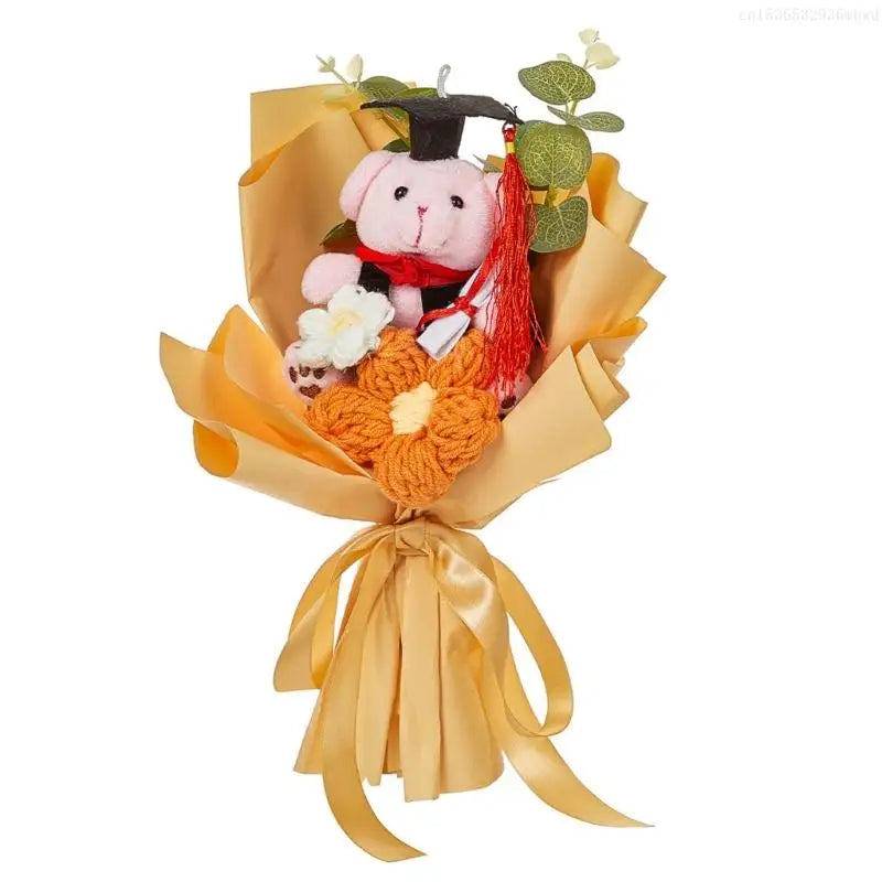 Artificial Flower Bouquets for Valentines Day, Mother Day, Crochet Flower Bouquets with Bear for Graduation Ceremony F0T4