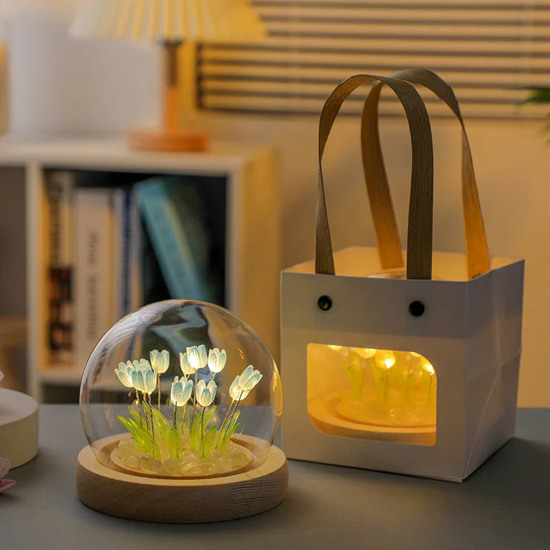 Artificial Tulip Flower Night Light Handmade DIY Bedside Lamp LED Night Lamp Bedroom Decor Christmas Birthday Gifts Table Lamp