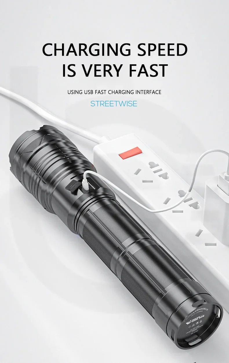 Linterna LED potente GT60 de 100 W, linterna táctica de largo alcance con pantalla de potencia, linterna con zoom recargable por USB para acampar al aire libre