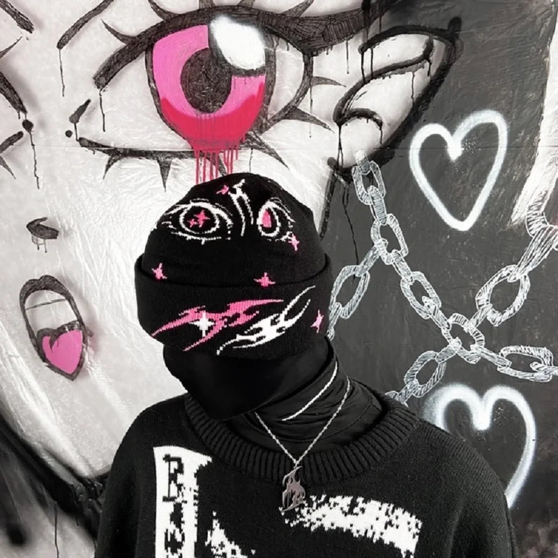 Gorro de punto de lana acrílica con patrón gótico Y2K para mujer, gorro de jacquard a prueba de viento, cálido, estilo hip hop, grunge, informal, para exteriores