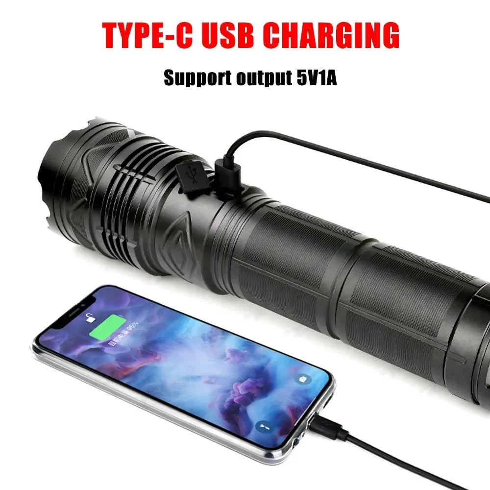 Linterna LED potente GT60 de 100 W, linterna táctica de largo alcance con pantalla de potencia, linterna con zoom recargable por USB para acampar al aire libre