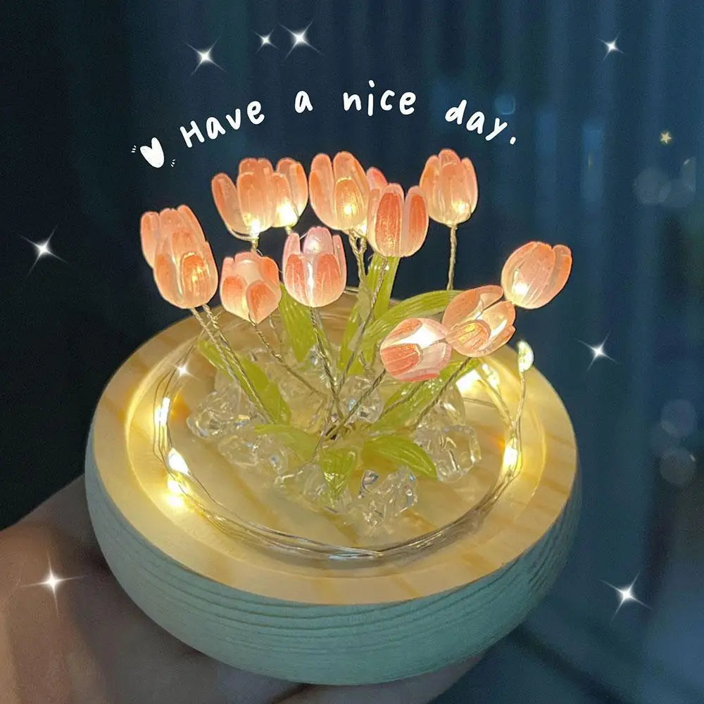 Artificial Tulip Flower Night Light Handmade DIY Bedside Lamp LED Night Lamp Bedroom Decor Christmas Birthday Gifts Table Lamp