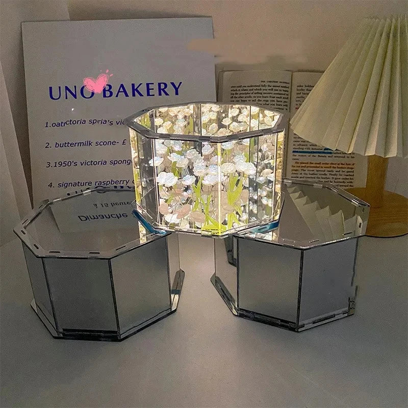 DIY Tulip Night Light Led Decorative Night Lamp Magic Cube Table Lamp and Mirror 2 in 1 for Birthday Gifts and Christmas Present