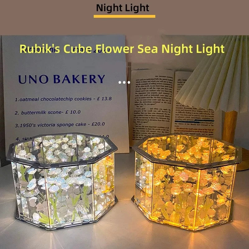 DIY Tulip Night Light Led Decorative Night Lamp Magic Cube Table Lamp and Mirror 2 in 1 for Birthday Gifts and Christmas Present