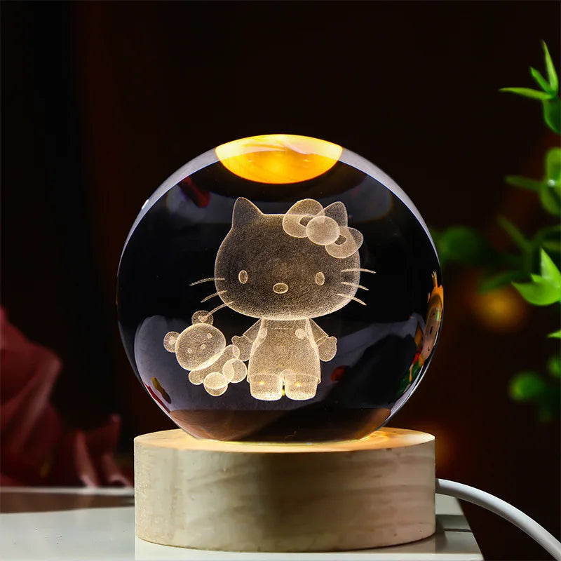 6cm 3d Crystal Ball Led Night Stitch Pikachu Doraemon A Dream Hellokitty Desktop Decoration Lamp Laser Carving Children Gifts