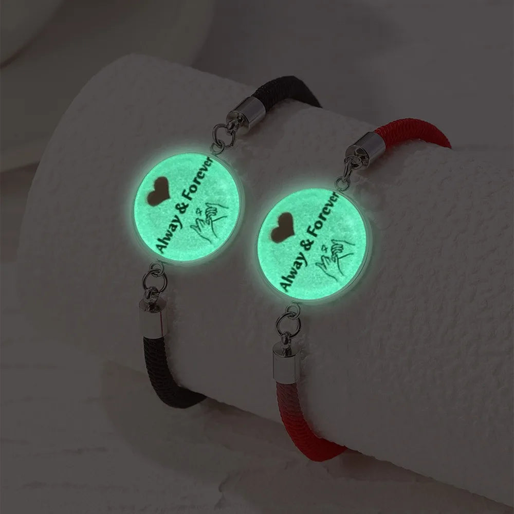 2Pcs Romantic Couple Bracelet Stainless Steel New Sun and Moon Lovers Charm Bracelet Glow in The Dark Adjustable Woven Bracelet