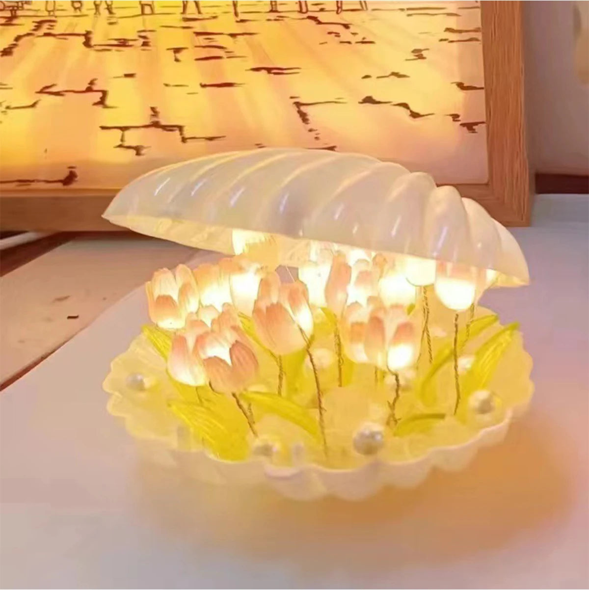 Diy Tulip Night Lamp Handmade Flower Lamp Birthday Lights Creative Home Pink/White Seashell Led Lamps Christmas Nightlight Light