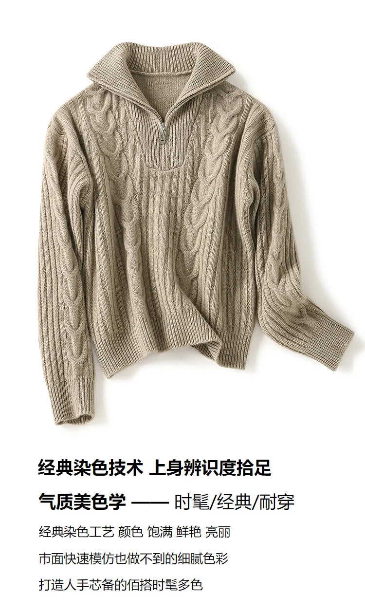 Thick Sweater Women High Quality100% Cashmere Warm Winter Long Sleeve Top Turn-down Collar Zipper Vintage Pullover