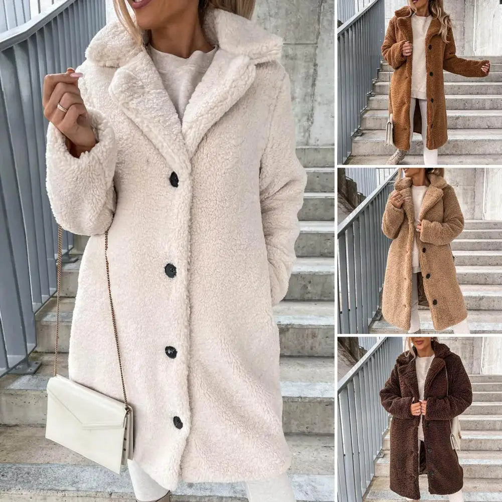 Trendy Women Overcoat Autumn Winter Women Trench Coat Long Style Pure Color Single-breasted Teddy Jacket Windproof