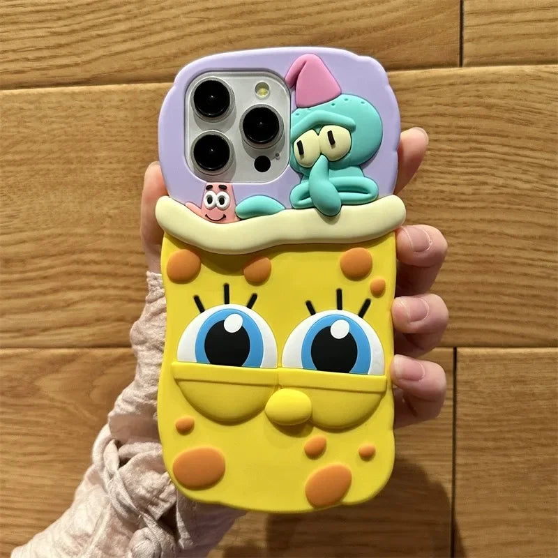 3D Cartoon Cute SpongeBobs SquarePants Patricks Stars Phone Case For IPhone 15 14 13 12 11 Pro Max Soft Silicone Back Cover Gift