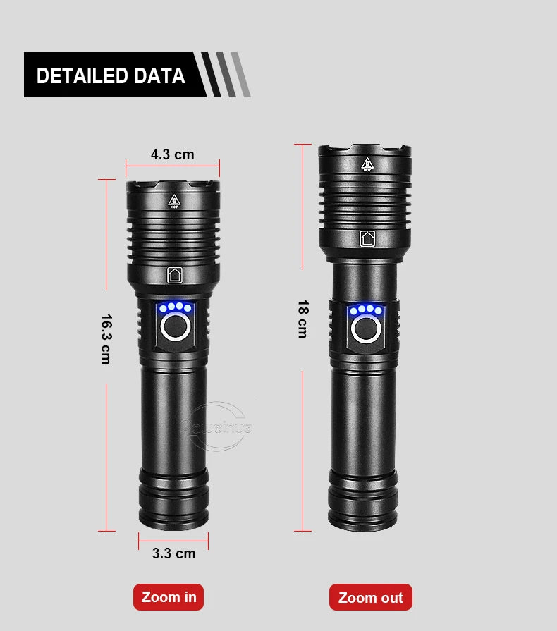 Linterna LED de alta potencia XHP 120, linterna con batería 18650 26650, recargable por USB, con zoom, para emergencias, acampadas al aire libre y pesca