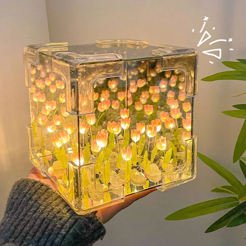 DIY Tulip Night Light Led Decorative Night Lamp Magic Cube Table Lamp and Mirror 2 in 1 for Birthday Gifts and Christmas Present