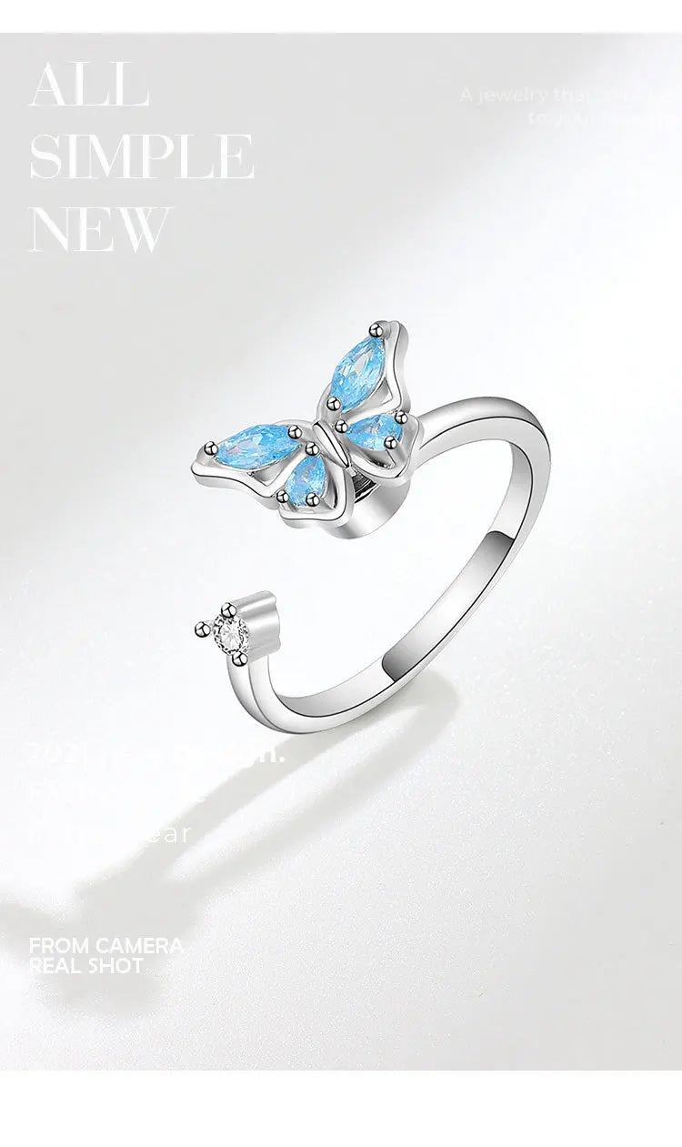 Blue Fidget Spinner Ring Anxiety for Women Multiple Crystal Flower Butterfly Animal Ring Rotate To Anti Stress for Wedding Party