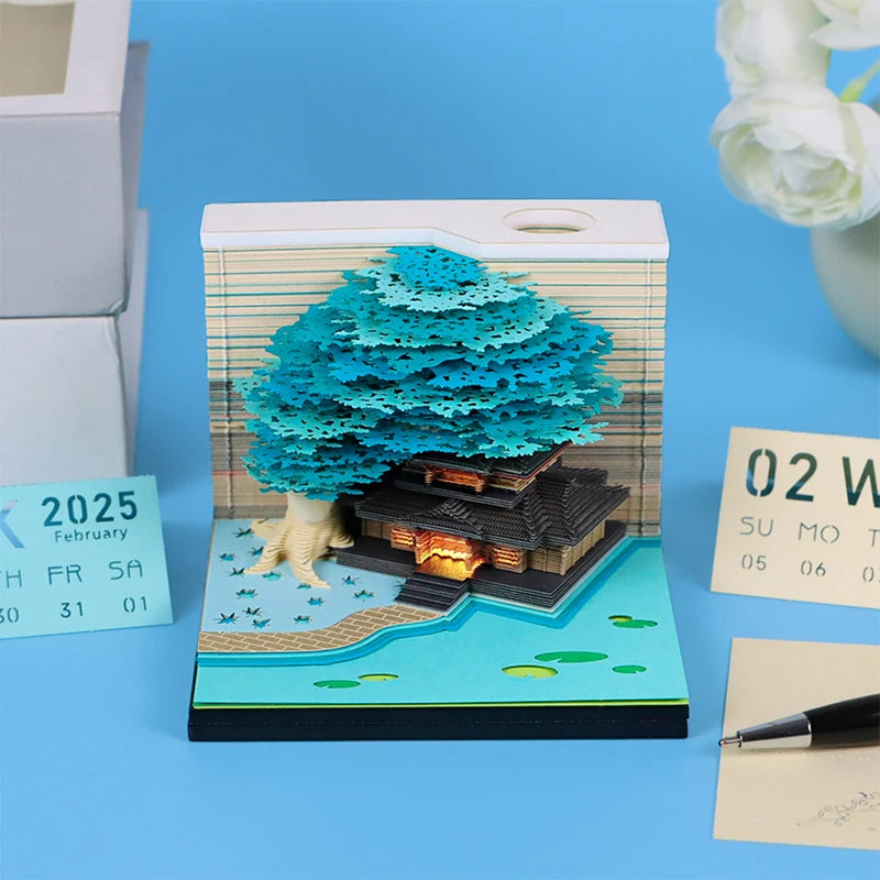 Tree Desk Calendar With LED Lights 2025 Calendar Memo Pad Creative Desk Calendar DIY Notes Notepad 3D Art Calendar Paper Carving