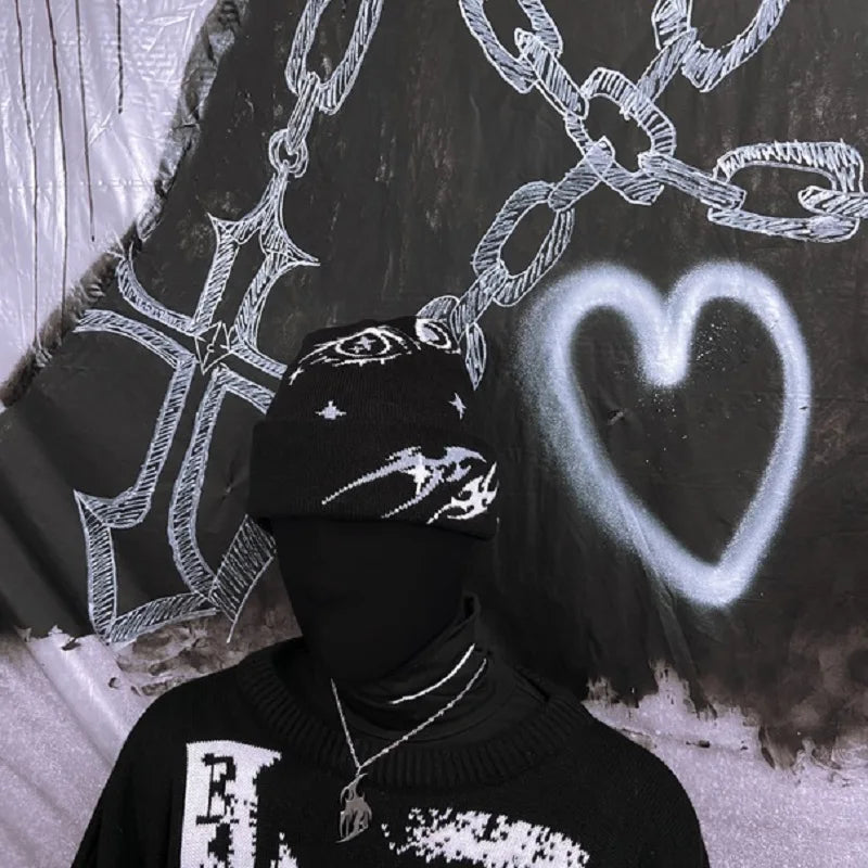 Gorro de punto de lana acrílica con patrón gótico Y2K para mujer, gorro de jacquard a prueba de viento, cálido, estilo hip hop, grunge, informal, para exteriores