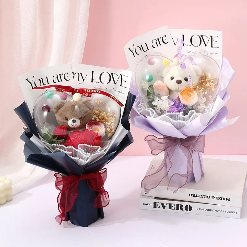 Artificial Rose Flower Bouquet Doll Bear Birthday Party Mother's Day Gift Wedding Bouquet Romantic Appointment Decor Accessories