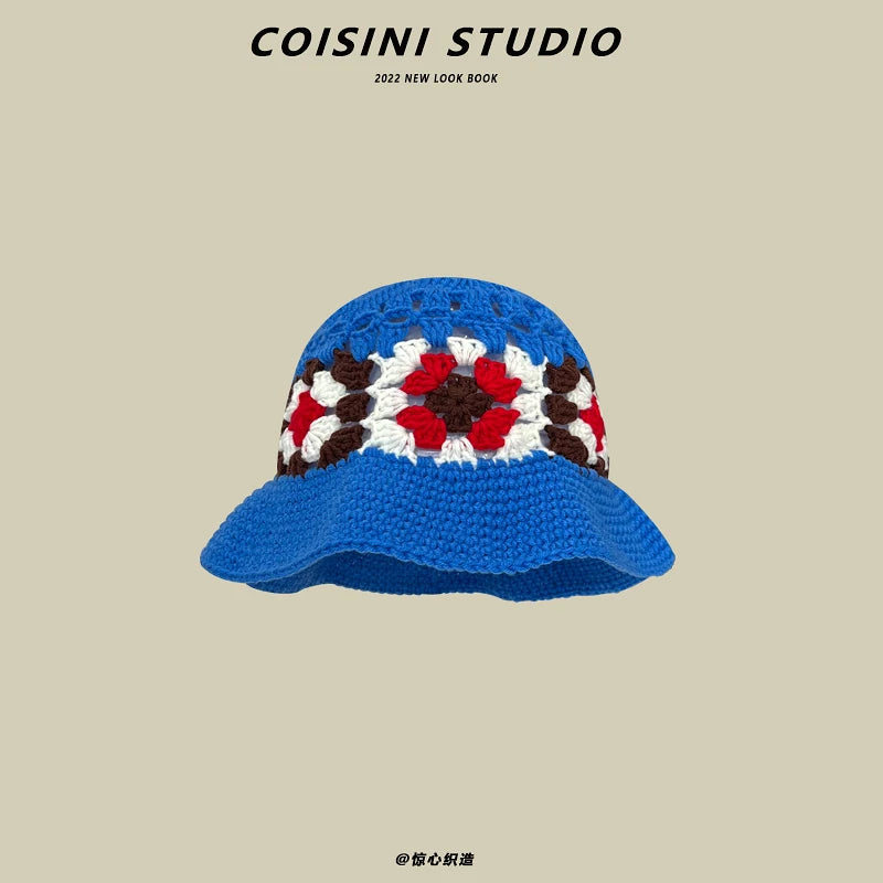 2022 New Korean-Japanese Hand Buckle Crochet Bucket Hat Spring and Autumn Winter Sun Hat Female Cherry Designer Bob Basin Hat