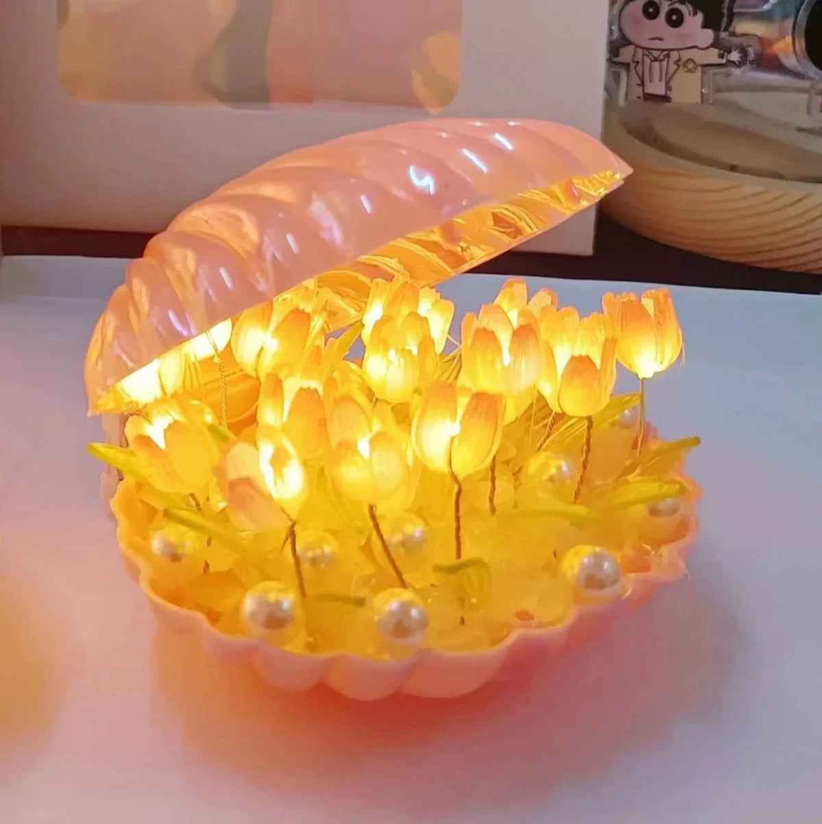 Diy Tulip Night Lamp Handmade Flower Lamp Birthday Lights Creative Home Pink/White Seashell Led Lamps Christmas Nightlight Light