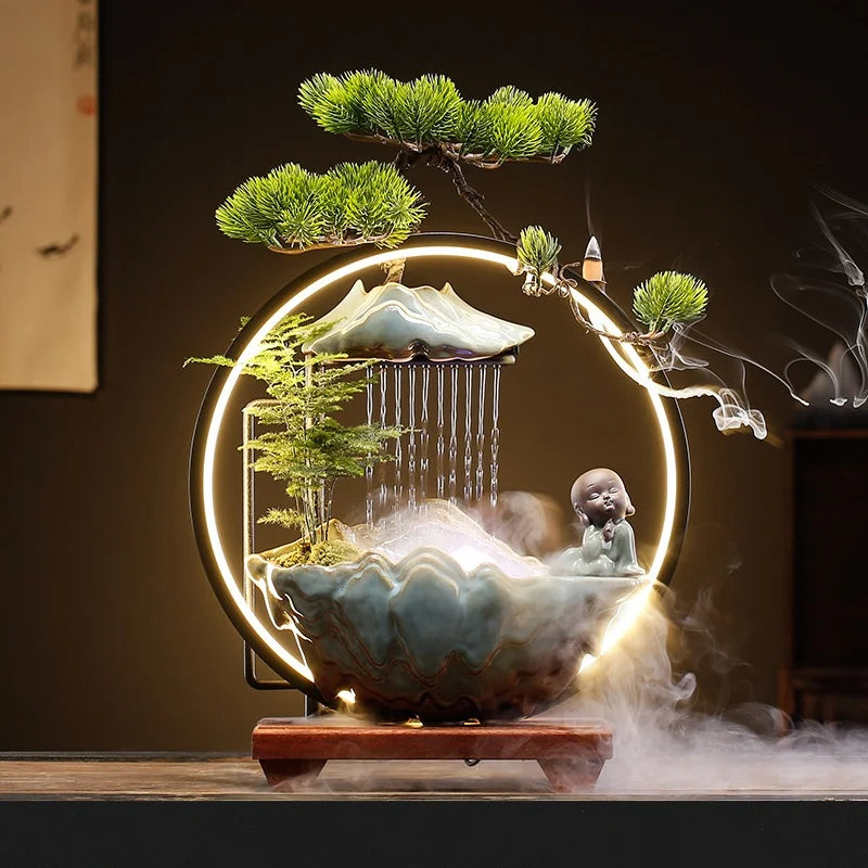 35cm Lucky Deer Fortune Fountain Chinese LED Lamp Ceramic Backflow Incense Burner Feng Shui Rockery Home Decor Ornament