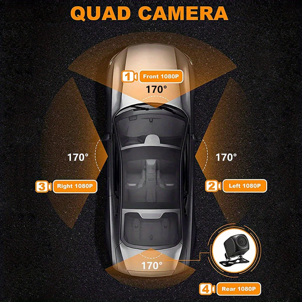 Grabadora de video DVR para automóvil de 4 lentes 1080P con control por aplicación WIFI, cámara de tablero de 360 grados, visión nocturna, cámara de visión trasera delantera izquierda y derecha para automóvil