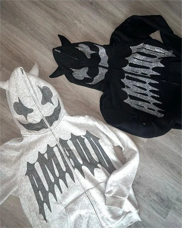Sudadera con capucha y cremallera de cara completa con diamantes de imitación unisex Y2K, holgada, de gran tamaño, con estampado de letras góticas y estrellas, para hombre y mujer