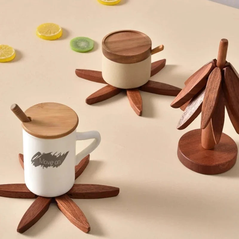 3/4Pcs Walnut Tree Table Mat Set Natural Foldable Wooden Tree Trivet for Hot Dishes Pot Bowl Teapot Holder Placemat