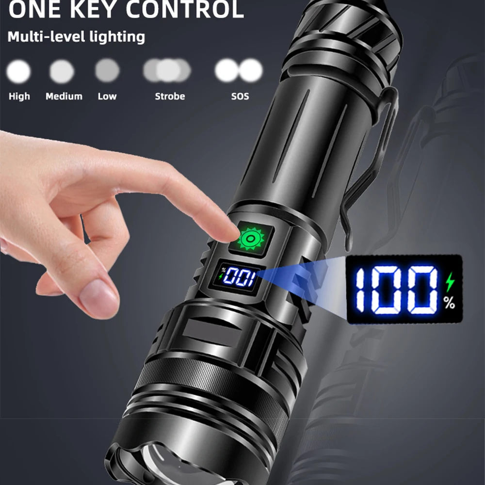 Linterna LED potente de 1000000 LM, recargable por USB, potente linterna táctica, luz de flash de alcance súper largo para pesca al aire libre