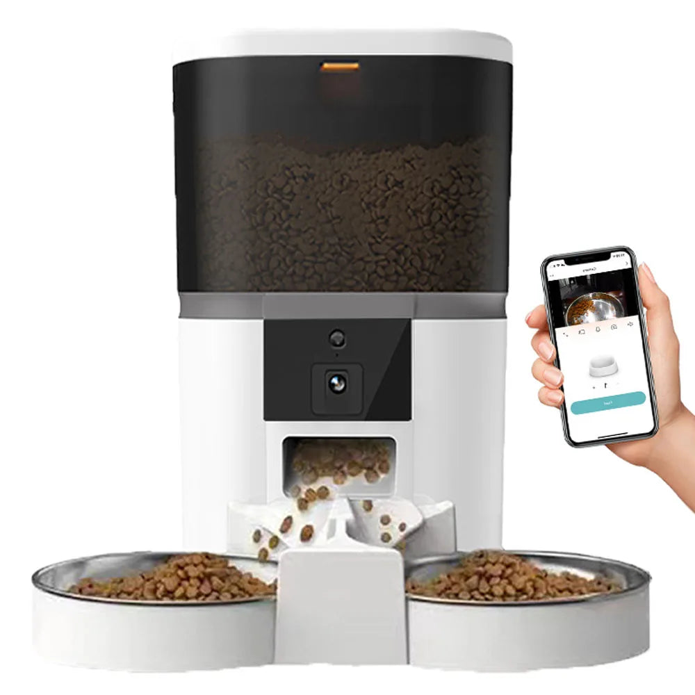 Comedero automático para gatos de 4 l, comedero inteligente para mascotas, dispensador de comida para gatos y perros pequeños con cámara grabadora, temporizador cuantitativo, cuenco doble