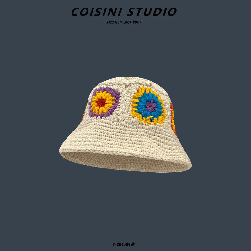 2022 New Korean-Japanese Hand Buckle Crochet Bucket Hat Spring and Autumn Winter Sun Hat Female Cherry Designer Bob Basin Hat