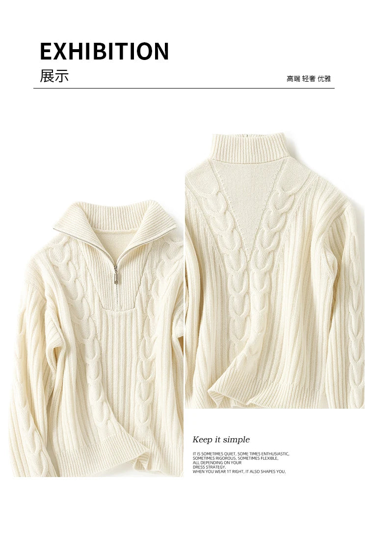 Thick Sweater Women High Quality100% Cashmere Warm Winter Long Sleeve Top Turn-down Collar Zipper Vintage Pullover