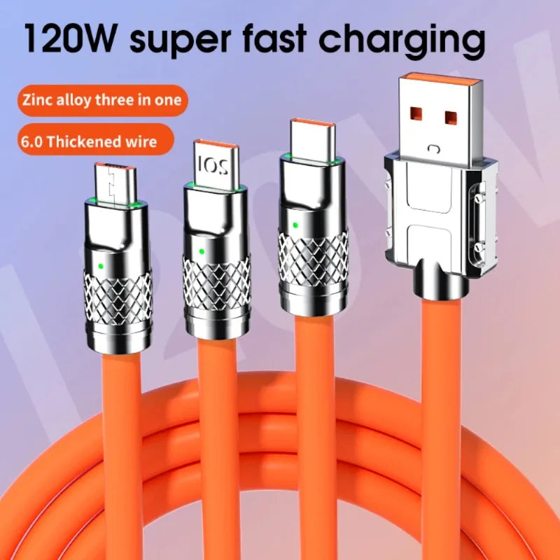 120W 3 In 1 Fast Charging Cable Micro USB Type C Multiple USB Port Mobile Phone Charging Cables For Xiaomi Samsung iPhone 14 13